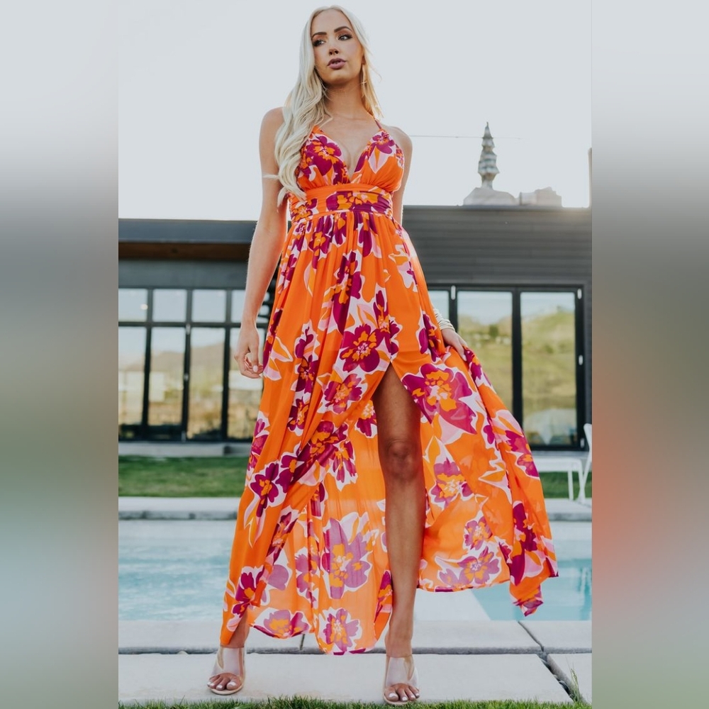 Vibrant Orange Floral Maxi Dress with Deep V-Neck
